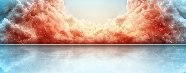 Vibrant clouds painted in shades of orange and pink against a reflective water surface.