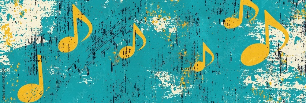 Aufkleber Colorful musical notes dance across a vibrant turquoise surface, surrounded by lively artistic splashes, creating a dynamic and expressive visual atmosphere