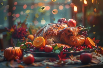 Hyperrealistic wide shot of a Thanksgiving table featuring a grilled turkey centerpiece, soft ambient lighting, and detailed Thanksgiving decorations in the background
