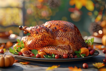 Ultra-high-quality wide shot of a Thanksgiving table with a grilled turkey centerpiece, soft ambient lighting, and hyperrealistic details of festive decorations in the background