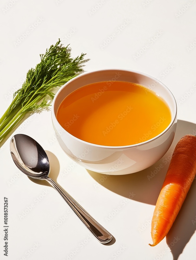 Wall mural A bowl of golden carrot soup garnished with fresh dill,  a spoon, and a whole carrot, symbolizing nourishment, health, and a simple, wholesome meal.