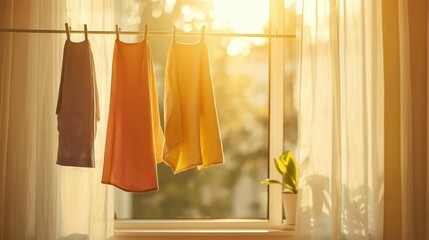 Delicate fabrics hanging on a drying rack inside a sunlit room, airdrying laundry, ecofriendly lifestyle