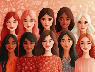 Diverse group of women smiling together against a floral background.