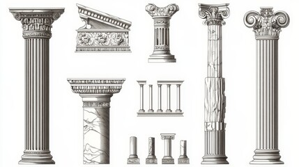 Obraz premium Vector icons depicting ancient Greek and Roman architecture, including line art illustrations of marble pillars, columns, and ornate cornices.