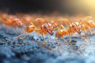 Fototapeta premium line of industrious ants marching across a surface in search of food illustrating the beauty of teamwork and natures intricate ecosystems