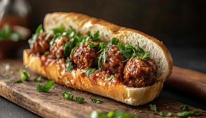 Delicious meatball sub sandwich with fresh herbs on wooden board