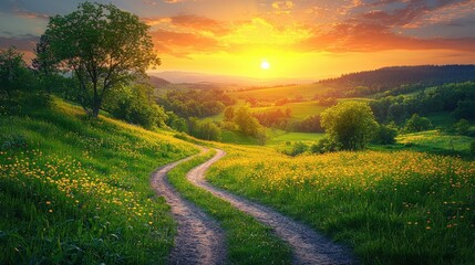 Naklejka premium A winding dirt path through a vibrant green meadow at sunset with golden skies and blooming wildflowers in the countryside