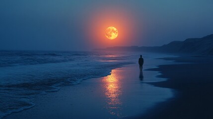Fototapeta premium A man walks on a beach at night with the moon and the sun in the background. The sky is dark and the beach is empty
