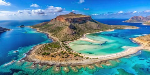 Aerial view of hills leading to Balos Lagoon from Gramvousa island