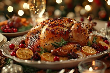 Hyperrealistic wide shot of a Thanksgiving table featuring a grilled turkey in focus, with soft ambient lighting and detailed festive decorations around the dining area