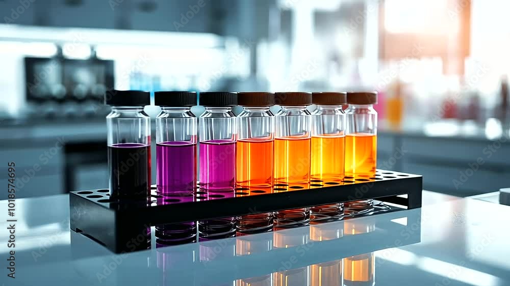 Poster test tubes containing a gradient of colored solutions in a clinical lab, symbolizing the process of 