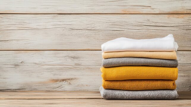 Freshly laundered clothes neatly folded on a vintage wooden table, rustic laundry setting, charm and simplicity