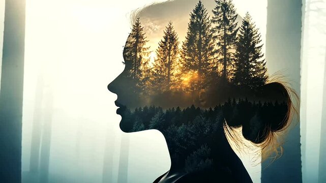 A calm forest scene integrated into the silhouette of a woman's head, symbolizing the harmony between mind and nature in cognitive behavioral therapy