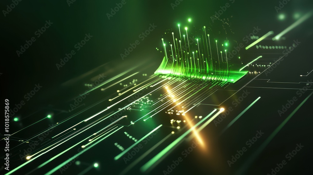 Poster high-tech green 3d background with digital elements and glowing effects, ideal for futuristic and te