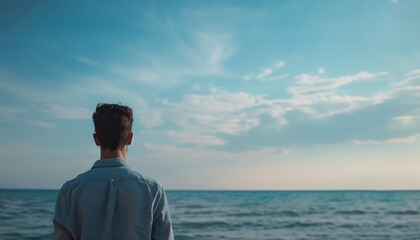Fototapeta premium Man Gazing at Tranquil Ocean Horizon Under Clear Blue Sky - Contemplative Seaside Scene Photograph