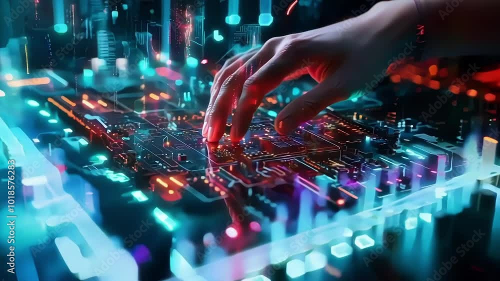 Poster engineer exploring futuristic tech with glowing circuitry, immersed in blue and red lights against a