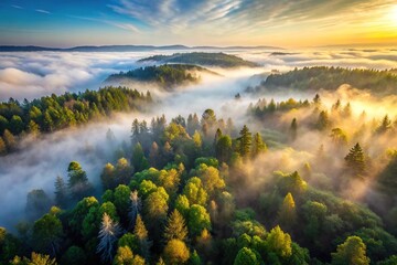 Obraz premium Aerial view of misty forest at dawn