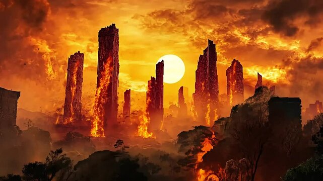 Fiery, apocalyptic landscape with burning towers and a blazing sun in the sky.