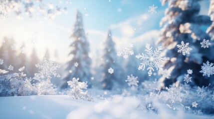 Beautifully detailed snowflakes floating down over a snow-covered forest, creating a serene and celebratory winter atmosphere.