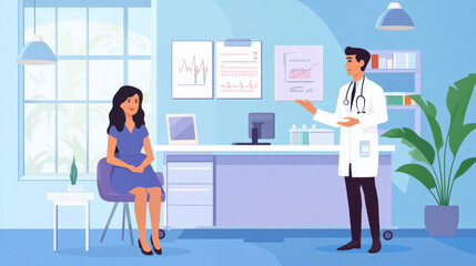 A doctor shares good news with a patient in a hospital. They discuss the patient's health results, advice, and medical report.