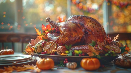 Ultra-detailed wide shot of a Thanksgiving table with a focus on the grilled turkey, surrounded by elegant decorations and bathed in soft ambient lighting for a festive atmosphere
