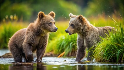 Obraz premium Delight in captivating wildlife photography featuring playful bears in their natural environment, showcasing their charming antics and the beauty of the great outdoors.