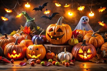 Fototapeta premium Delight in this colorful Halloween clipart set! It includes pumpkins, playful ghosts, bats, and spooky decorations in