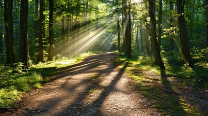 Obraz premium Sunbeams Through the Trees in a Lush Forest