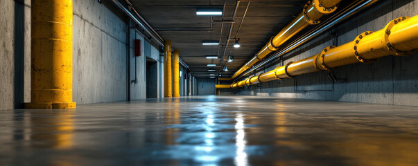 Industrial Pipe Corridor with Concrete Walls and Reflection