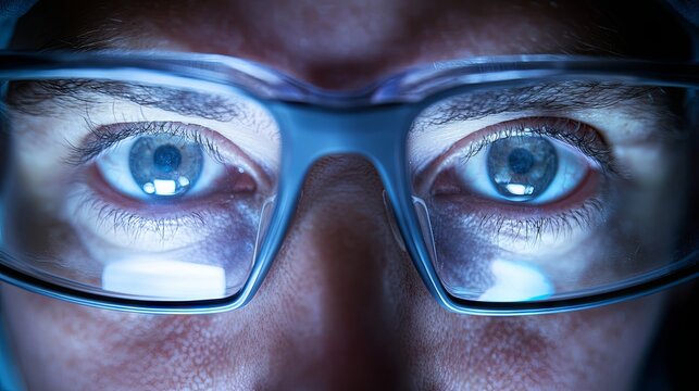 Intense Gaze: Close Up of Blue Eyes with Glasses