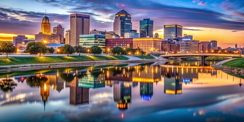 Des Moines, IA dazzles at dusk with a vibrant skyline, showcasing stunning reflections that enhance the cityscape's
