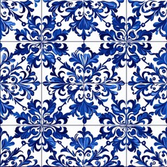 vibrant arrangement of blue and white tiles adorned with intricate floral patterns, ideal for enhancing interior spaces with a Mediterranean aesthetic