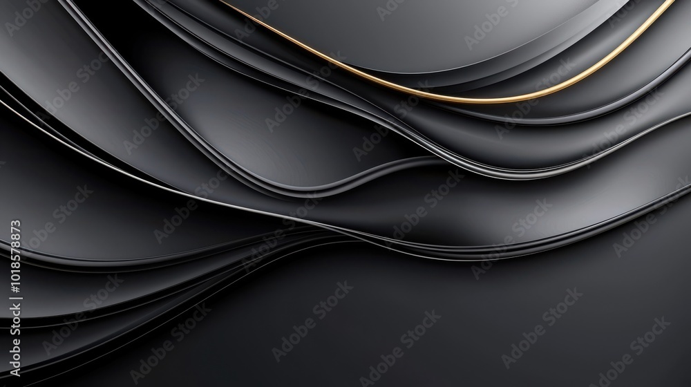 Poster abstract black background with soft, flowing waves and gradients, creating an elegant, minimalistic 
