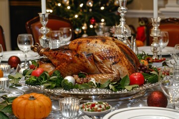 Warm and inviting Thanksgiving feast with grilled turkey, festive decorations, side dishes, drinks, and cozy lighting spread across an elegant, textured tablecloth