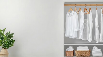 White clothes hanging neatly on wooden hangers in an open closet, minimalist laundry, clean and modern design