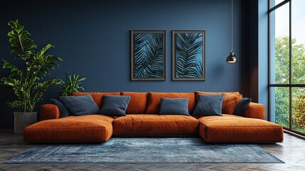 Fototapeta premium Stylish orange sectional sofa set against a blue wall with greenery visible through large windows in a modern living room