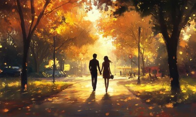 Fototapeta premium Couple walking through autumn forest path.