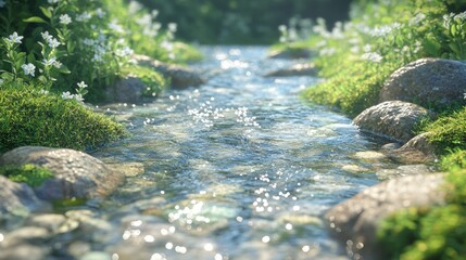 Obraz premium Sunlit Stream Flowing Through a Lush, Forested Landscape