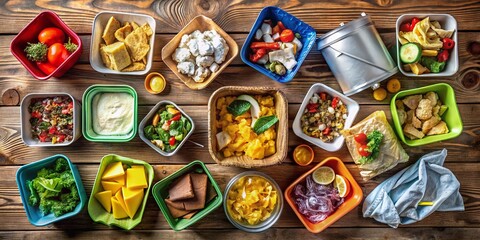 Fototapeta premium Discarded food containers and wrappers neatly placed on a wooden table, awaiting recycling or proper disposal for