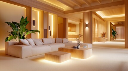 Comfortable living room with a large, inviting couch, surrounded by soft lighting and natural wood furniture, ideal for relaxation.