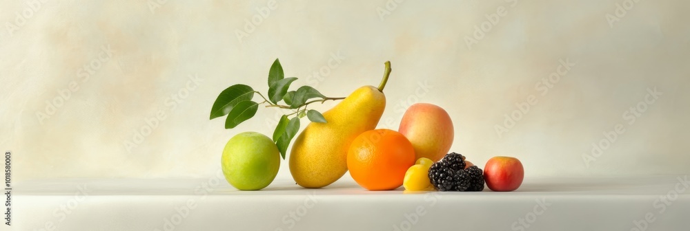 Poster A still life featuring a yellow pear, green apple, orange, red apple, and a blackberry. The fruit is arranged on a white surface with a branch of green leaves. The image symbolizes freshness