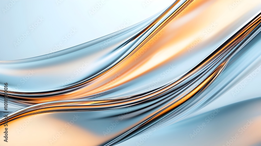 Poster futuristic fluid metallic surfaces - dynamic abstract design with smooth curves reflecting light and