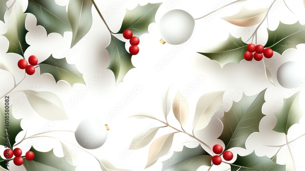 Poster delicate holly pattern with watercolor-style leaves and soft red berries, creating a festive yet sub