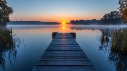 Sunrise over a calm lake with fog