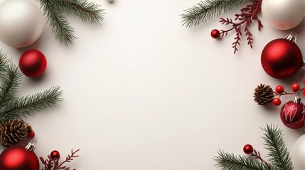 Elegant Christmas ornament frame with hand-blown glass ornaments and pine needles framing a transparent background.