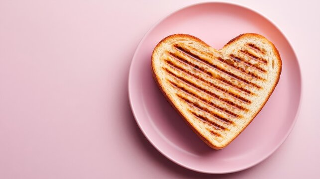 Heart-shaped grilled cheese sandwich on a pink plate.
