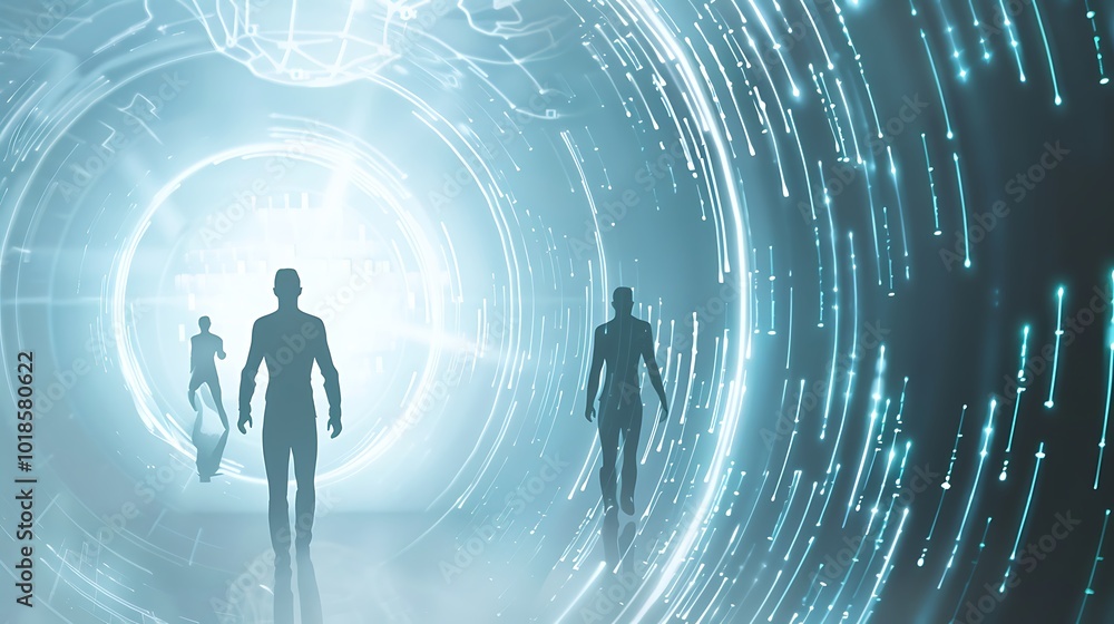 Poster digital avatars passing through virtual worlds in a tech-driven society.