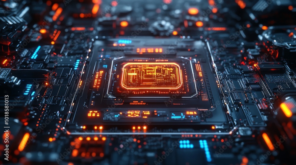 Poster futuristic circuit board with illuminated processor