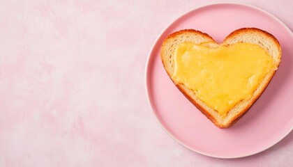 Obraz premium Heart-shaped toast with melted cheese on a pink plate, bright and appetizing.