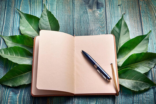 libreta notas con lapicera sobre fondo de madera, concepto sustentabilidad ecologica, cuidado del medio ambiente, agenda global naturaleza
